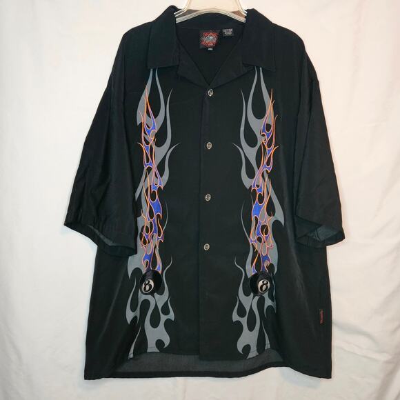 Dragonfly Roadhouse Men's 3XL Flames & 8 Ball Embroidered Buttondown Shirt - Picture 1 of 7